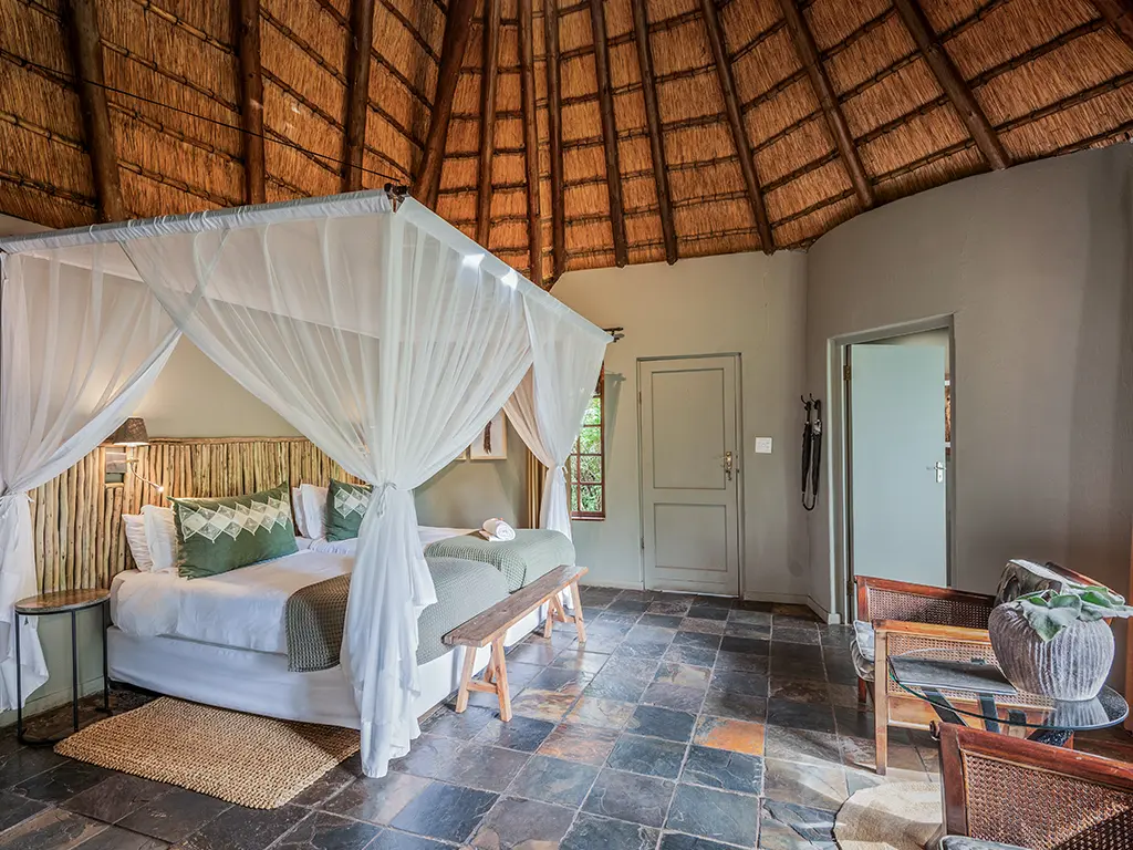 Interior view of a luxury safari Deluxe Room at Rhino River Lodge, showing two beds draped in white mosquito netting, comfortable armchairs, and ambient bedside lighting.
