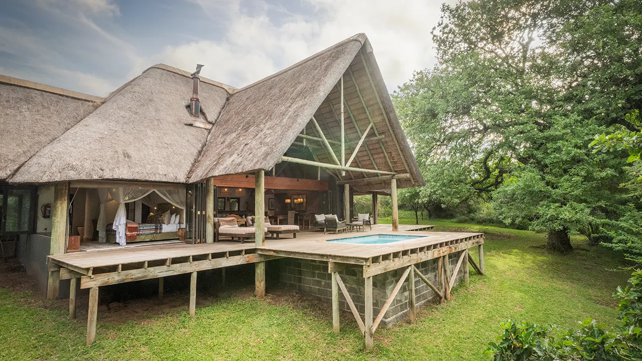 A luxury safari homestead with an expansive, elevated wooden deck and a private plunge pool under a grand, multi-tiered thatched roof, surrounded by green lawns and large trees at Rhino River Lodge.